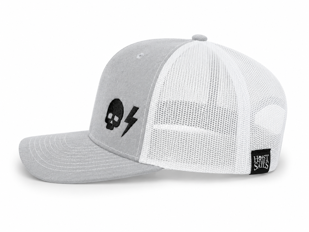 Skull/Bolt Hat - Heather Gray/White